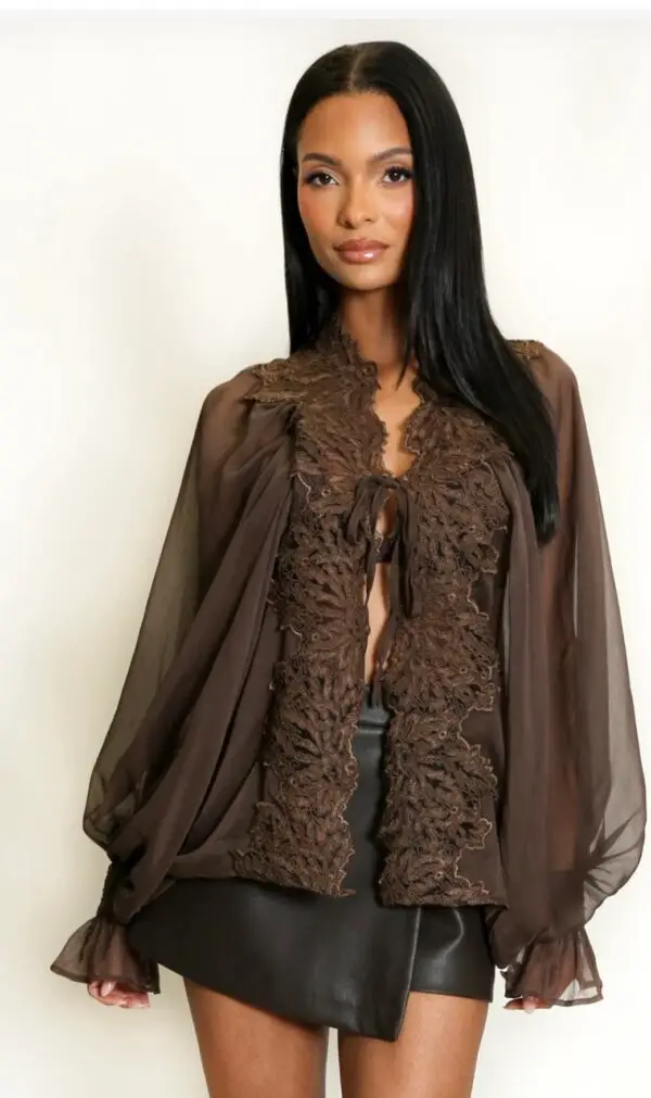 Lace Trim Sheer Tie Front Blouse